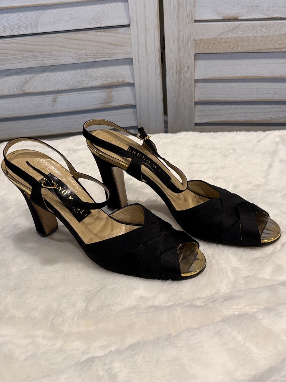 Bruno Magli Black Satin Crisscross Peep Toe Slingback Heels